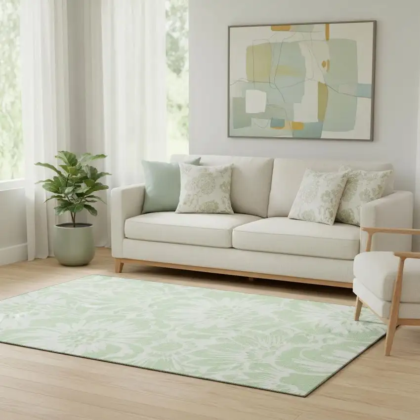 Mint Green And Ivory Floral Washable Area Rug With UV Protection Photo 1