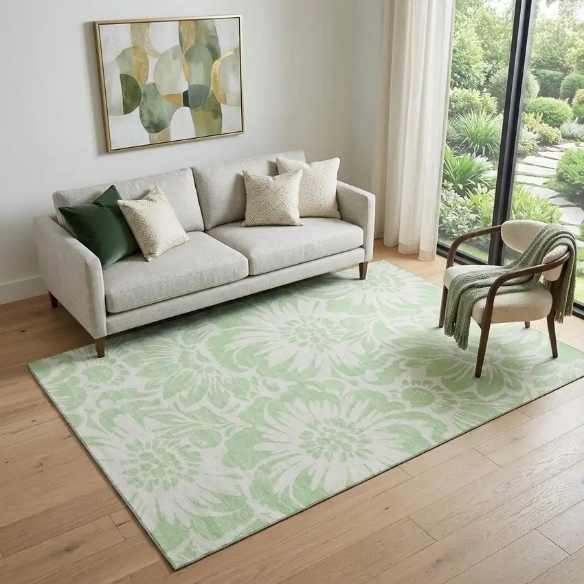 Mint Green And Ivory Floral Washable Area Rug With UV Protection Photo 1