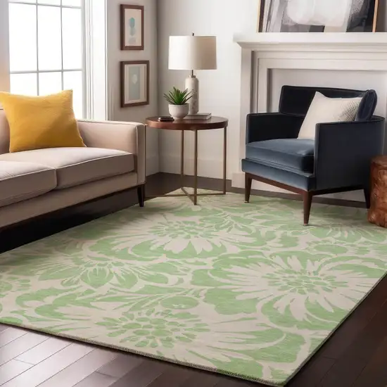 Mint Green And Ivory Floral Washable Area Rug With UV Protection Photo 5