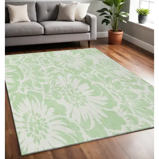 Mint Green And Ivory Floral Washable Area Rug With UV Protection Photo 2