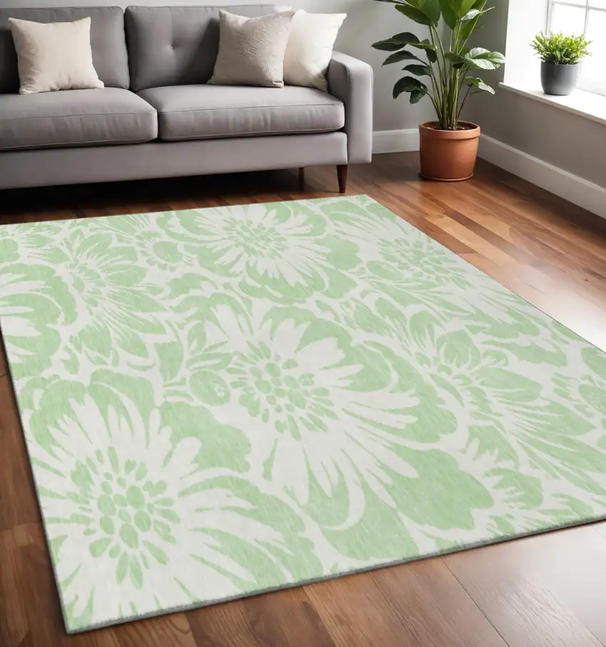 Mint Green And Ivory Floral Washable Area Rug With UV Protection Photo 2