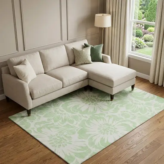 Mint Green And Ivory Floral Washable Area Rug With UV Protection Photo 1