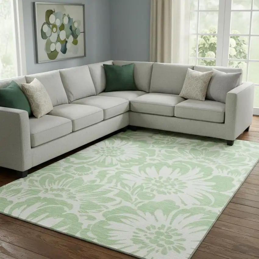 Mint Green And Ivory Floral Washable Area Rug With UV Protection Photo 1