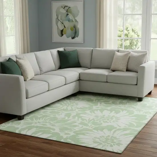 Mint Green And Ivory Floral Washable Area Rug With UV Protection Photo 1