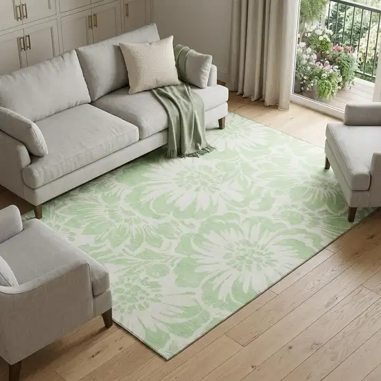 Mint Green And Ivory Floral Washable Area Rug With UV Protection Photo 1