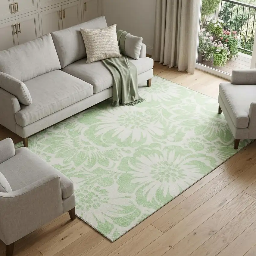 Mint Green And Ivory Floral Washable Area Rug With UV Protection Photo 1