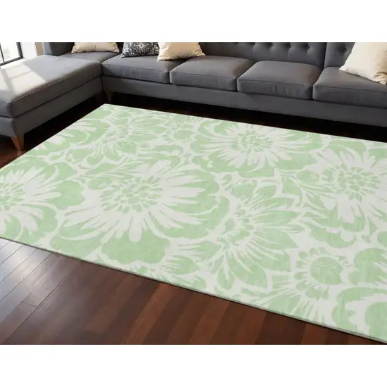 Mint Green And Ivory Floral Washable Area Rug With UV Protection Photo 2