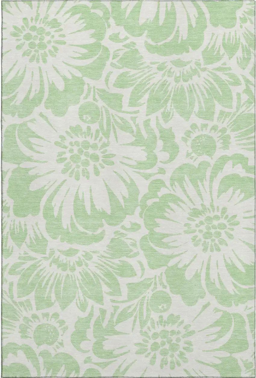 Mint Green And Ivory Floral Washable Area Rug With UV Protection Photo 1