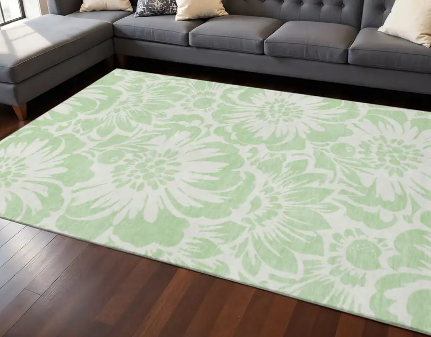 Mint Green And Ivory Floral Washable Area Rug With UV Protection Photo 2