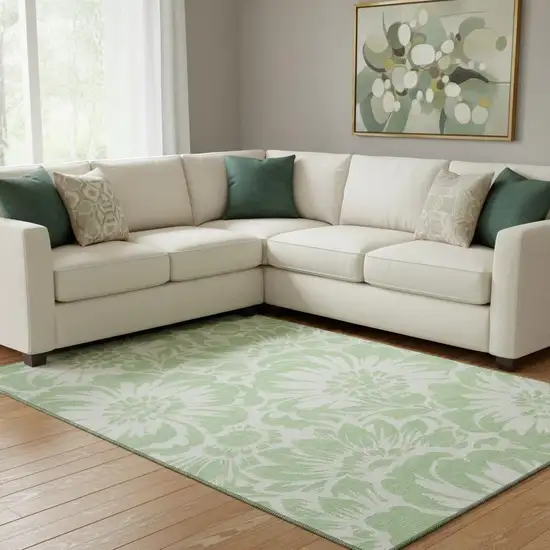 Mint Green And Ivory Floral Washable Area Rug With UV Protection Photo 1