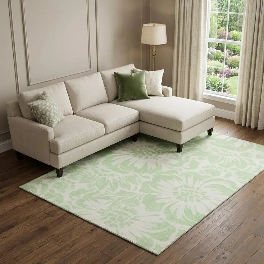 Mint Green And Ivory Floral Washable Area Rug With UV Protection Photo 1