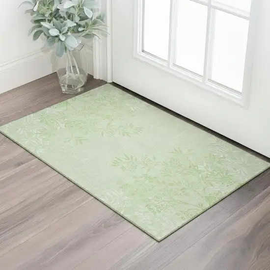 Mint Green And Ivory Floral Washable Area Rug With UV Protection Photo 1