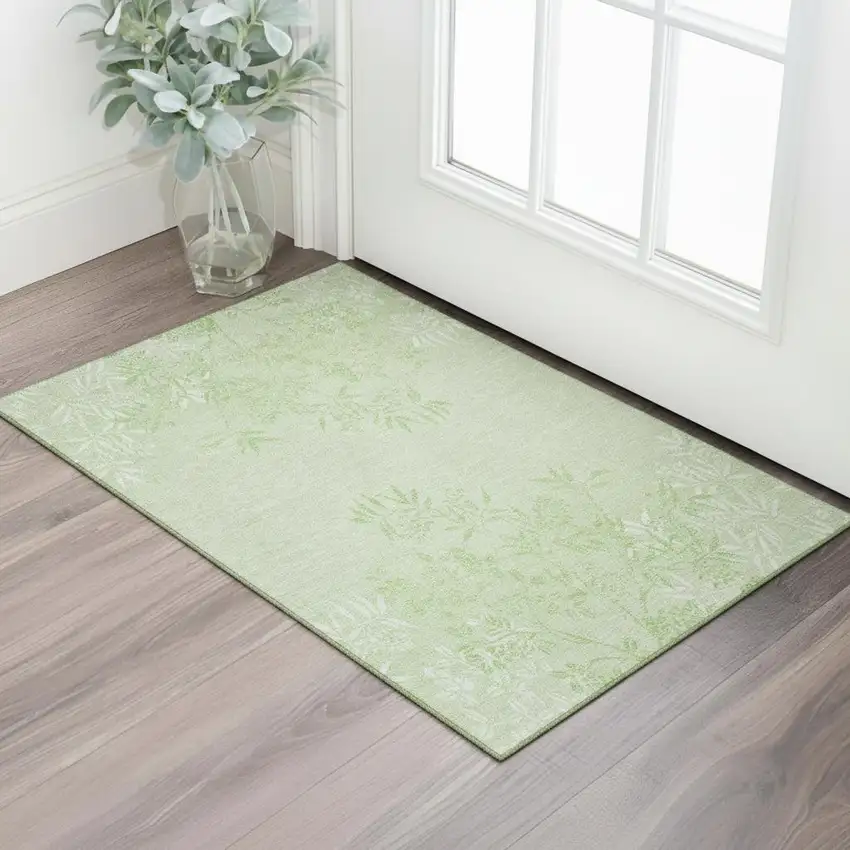 Mint Green And Ivory Floral Washable Area Rug With UV Protection Photo 1