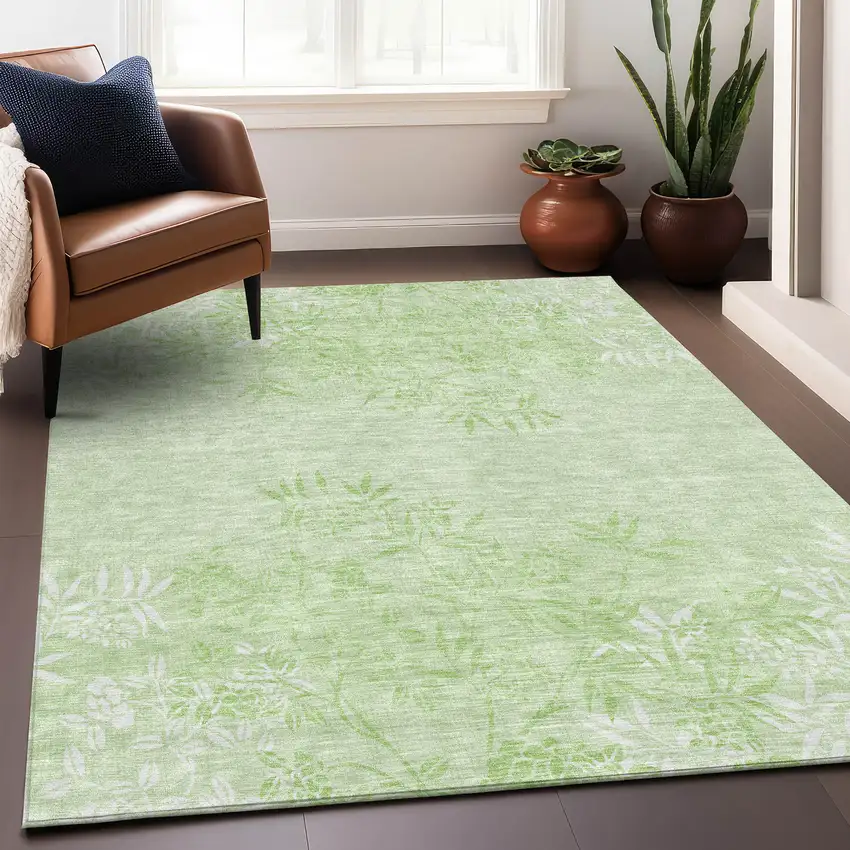 Mint Green And Ivory Floral Washable Area Rug With UV Protection Photo 5