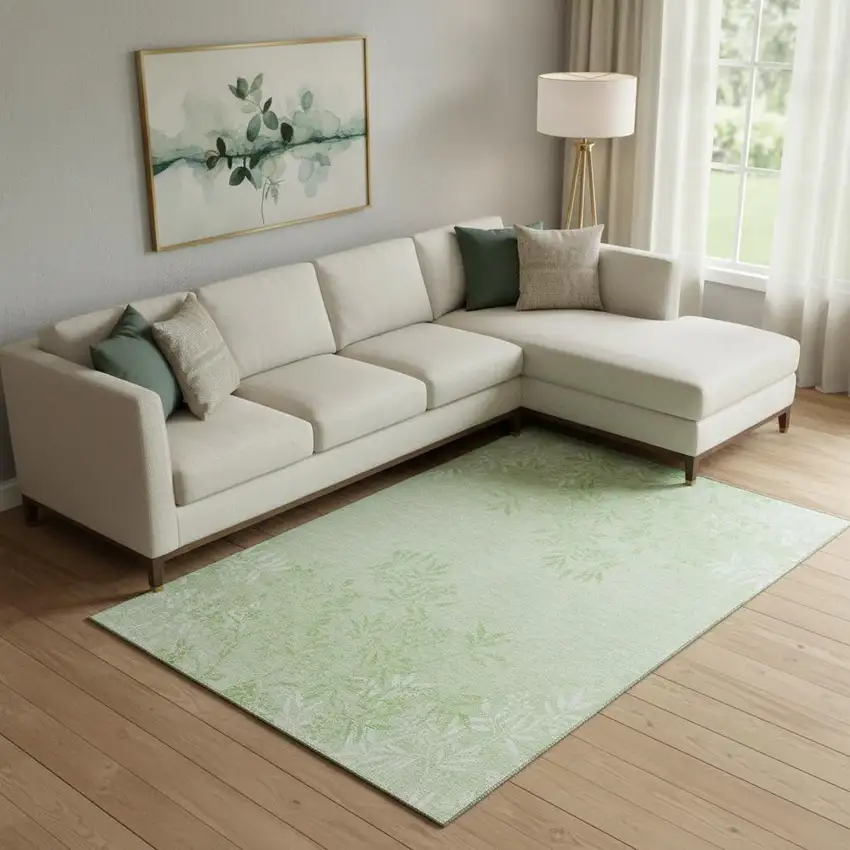 Mint Green And Ivory Floral Washable Area Rug With UV Protection Photo 1