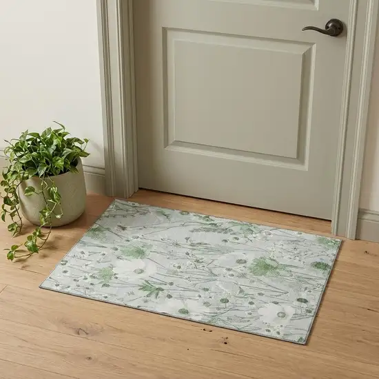 Mint Green And Ivory Floral Washable Area Rug With UV Protection Photo 1
