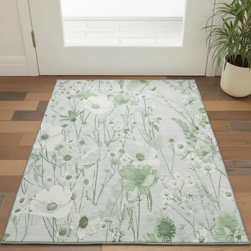 Mint Green And Ivory Floral Washable Area Rug With UV Protection Photo 2