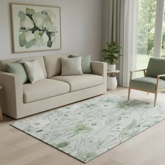 Mint Green And Ivory Floral Washable Area Rug With UV Protection Photo 2