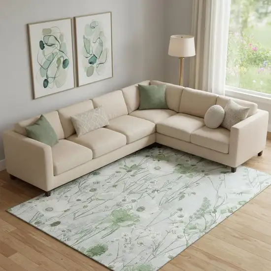 Mint Green And Ivory Floral Washable Area Rug With UV Protection Photo 2