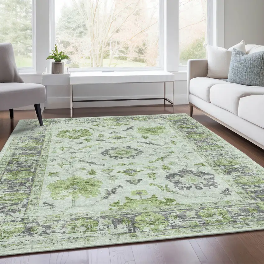 Mint Green And Ivory Floral Washable Indoor Outdoor Area Rug Photo 7