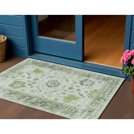 Mint Green And Ivory Floral Washable Indoor Outdoor Area Rug Photo 2