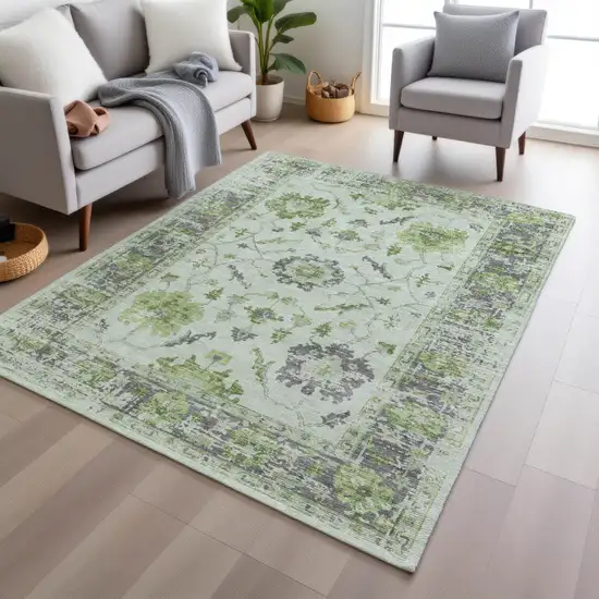 Mint Green And Ivory Floral Washable Indoor Outdoor Area Rug Photo 6