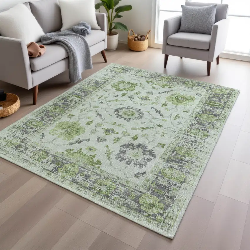 Mint Green And Ivory Floral Washable Indoor Outdoor Area Rug Photo 6