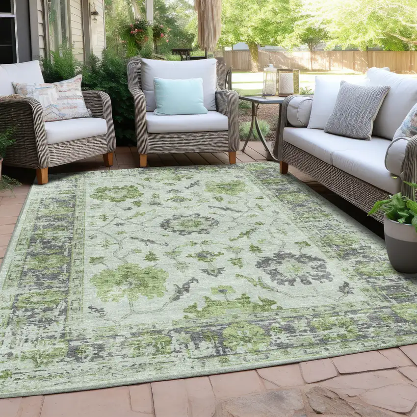 Mint Green And Ivory Floral Washable Indoor Outdoor Area Rug Photo 5