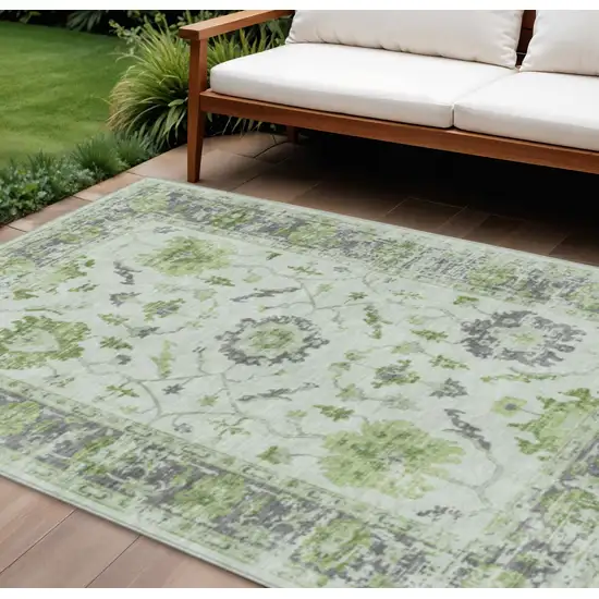 Mint Green And Ivory Floral Washable Indoor Outdoor Area Rug Photo 2