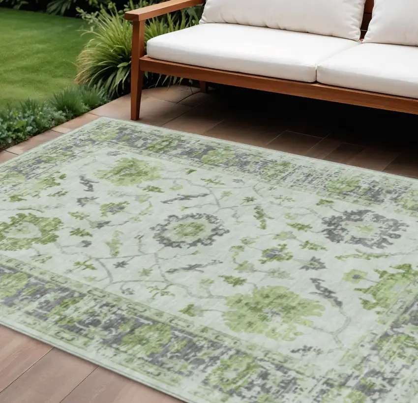 Mint Green And Ivory Floral Washable Indoor Outdoor Area Rug Photo 2