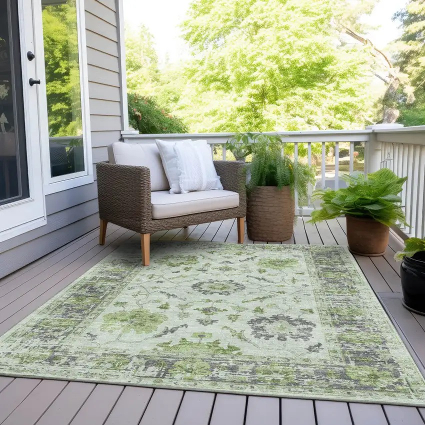 Mint Green And Ivory Floral Washable Indoor Outdoor Area Rug Photo 8