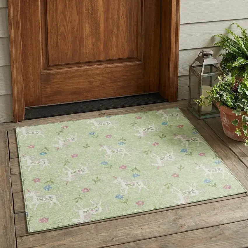Mint Green And Ivory Floral Washable Indoor Outdoor Area Rug Photo 1