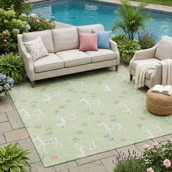 Mint Green And Ivory Floral Washable Indoor Outdoor Area Rug Photo 1