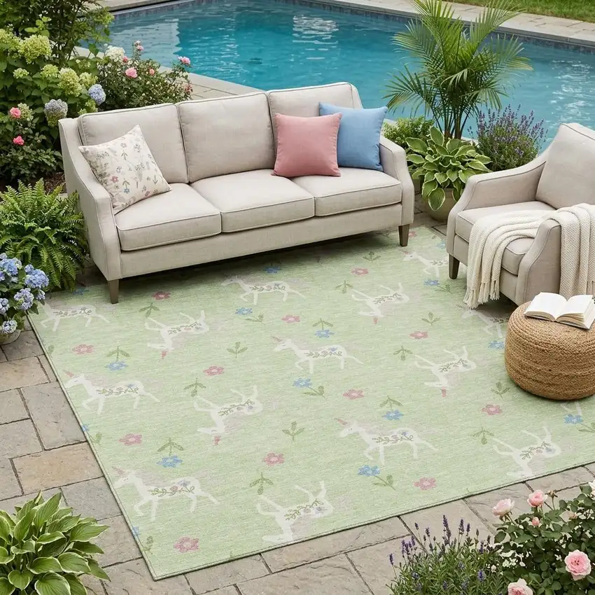 Mint Green And Ivory Floral Washable Indoor Outdoor Area Rug Photo 1