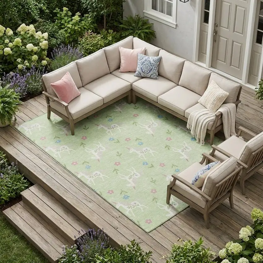 Mint Green And Ivory Floral Washable Indoor Outdoor Area Rug Photo 1