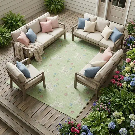 Mint Green And Ivory Floral Washable Indoor Outdoor Area Rug Photo 1