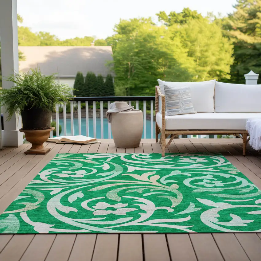 Mint Green And Ivory Floral Washable Indoor Outdoor Area Rug Photo 9