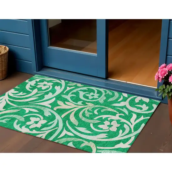 Mint Green And Ivory Floral Washable Indoor Outdoor Area Rug Photo 1
