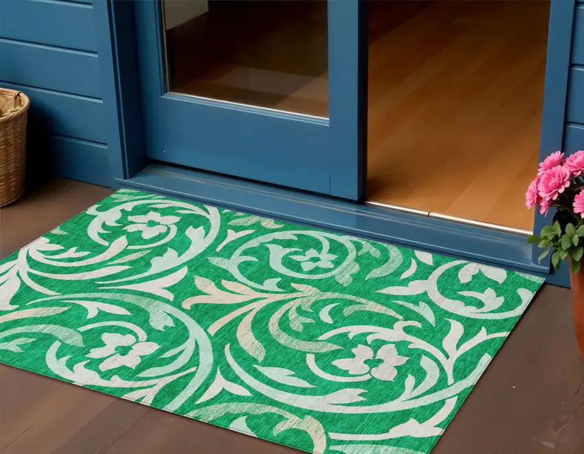 Mint Green And Ivory Floral Washable Indoor Outdoor Area Rug Photo 1
