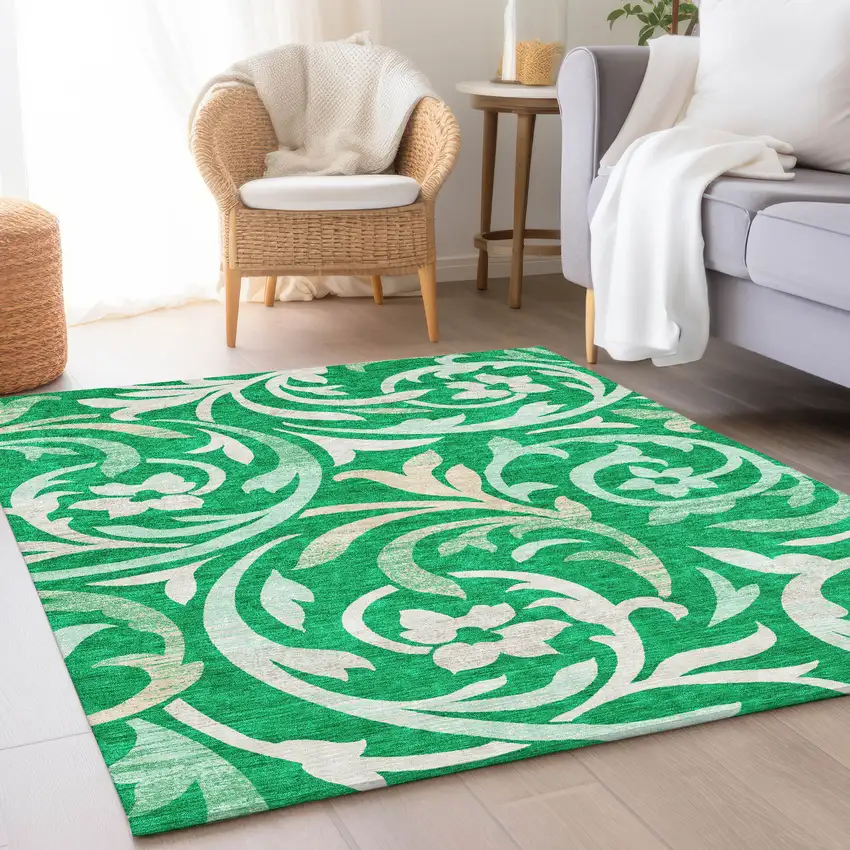 Mint Green And Ivory Floral Washable Indoor Outdoor Area Rug Photo 7