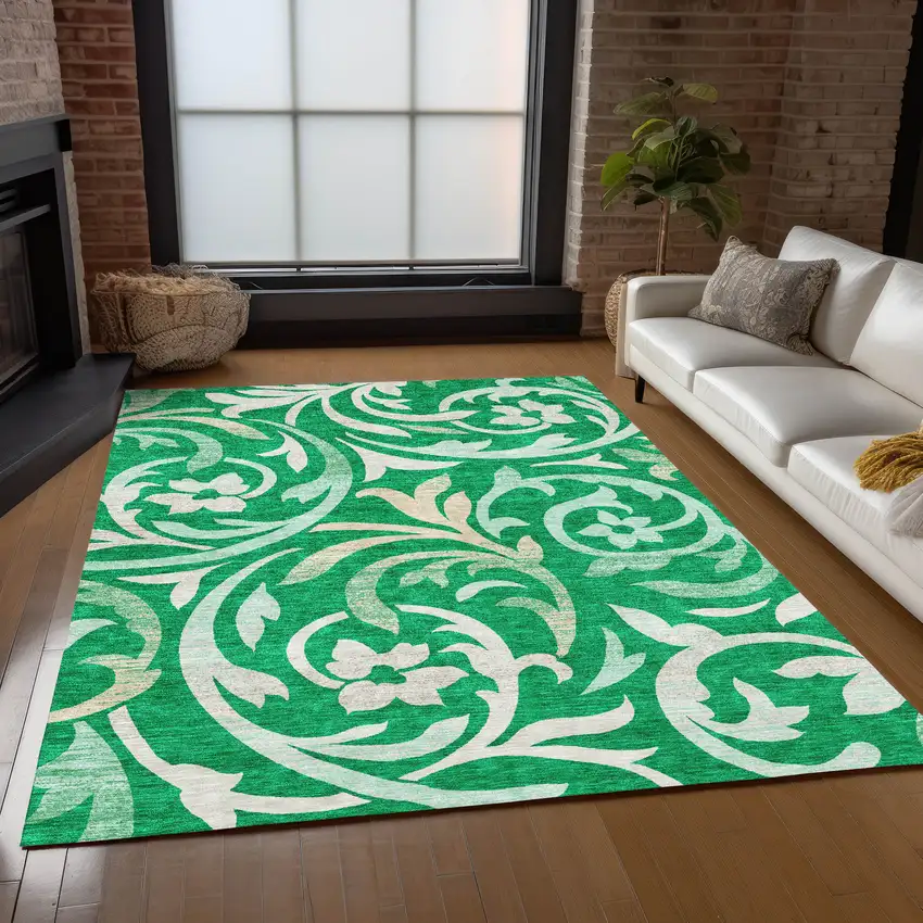 Mint Green And Ivory Floral Washable Indoor Outdoor Area Rug Photo 8