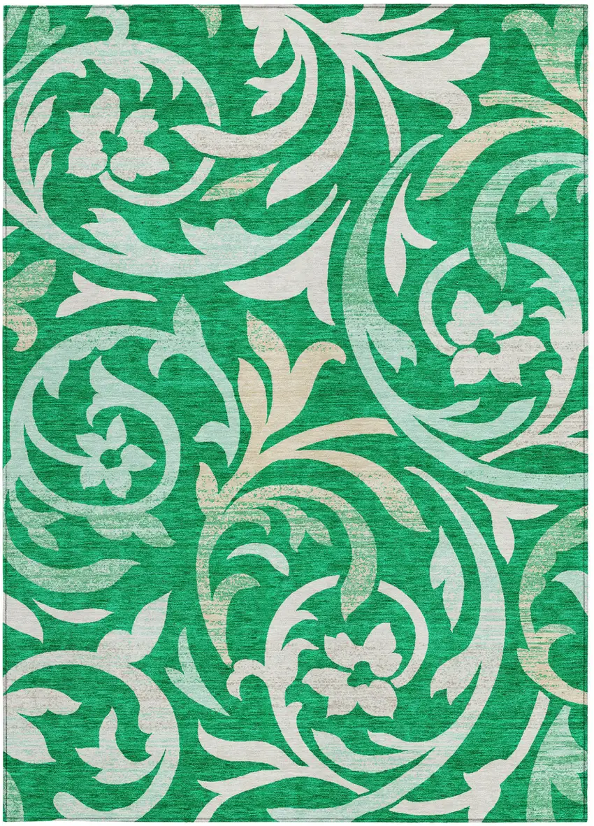 Mint Green And Ivory Floral Washable Indoor Outdoor Area Rug Photo 5