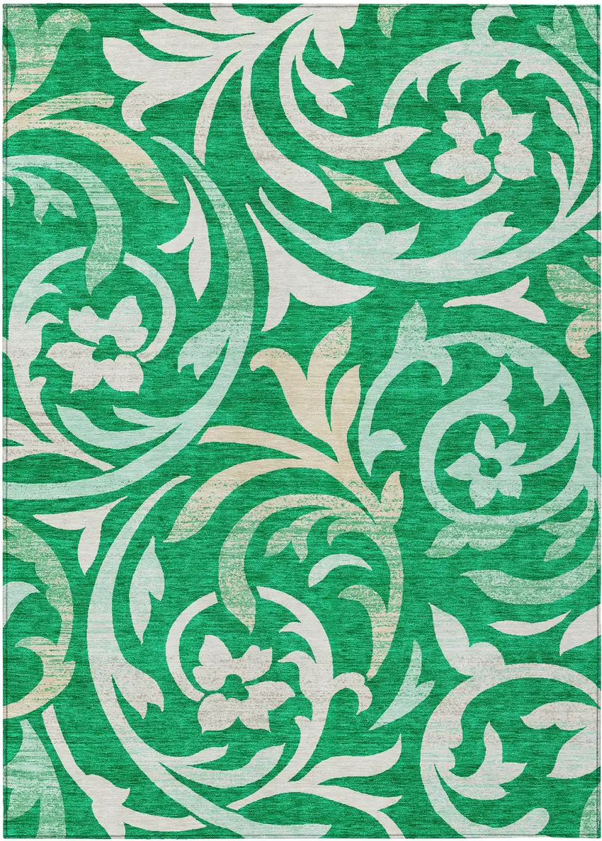 Mint Green And Ivory Floral Washable Indoor Outdoor Area Rug Photo 2