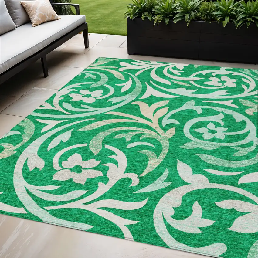 Mint Green And Ivory Floral Washable Indoor Outdoor Area Rug Photo 1