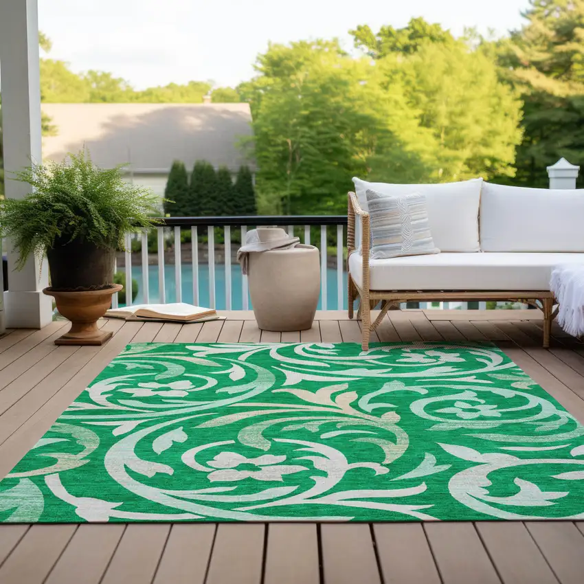 Mint Green And Ivory Floral Washable Indoor Outdoor Area Rug Photo 9