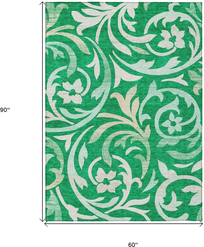 Mint Green And Ivory Floral Washable Indoor Outdoor Area Rug Photo 3