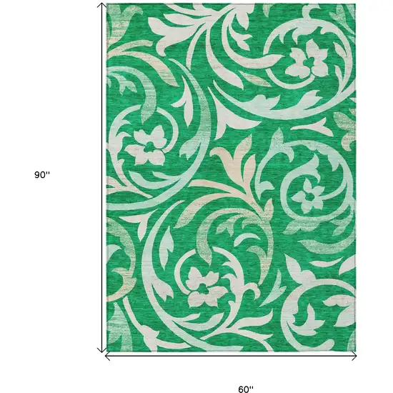 Mint Green And Ivory Floral Washable Indoor Outdoor Area Rug Photo 3