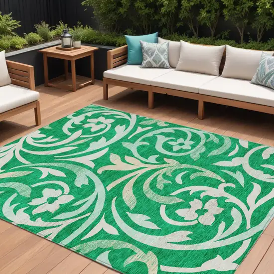 Mint Green And Ivory Floral Washable Indoor Outdoor Area Rug Photo 1