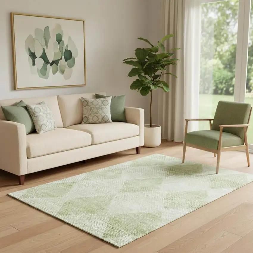 Mint Green And Ivory Geometric Washable Area Rug With UV Protection Photo 1
