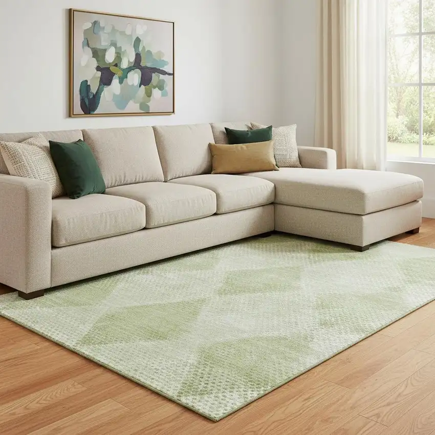 Mint Green And Ivory Geometric Washable Area Rug With UV Protection Photo 1